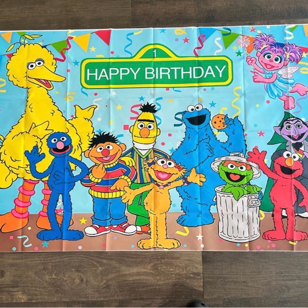 New Elmo Cookie Monster Big Bird Abby Birthday Party Backdrop Banner
